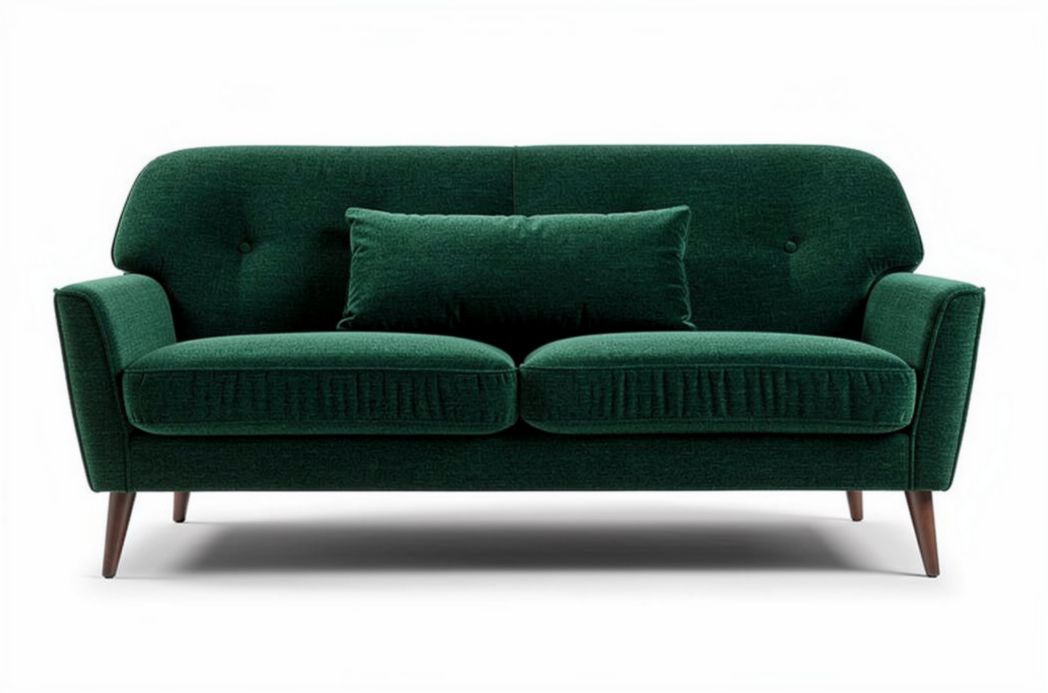 Groen stoffen bank met kussens en houten poten 200 x 90 x 85cm