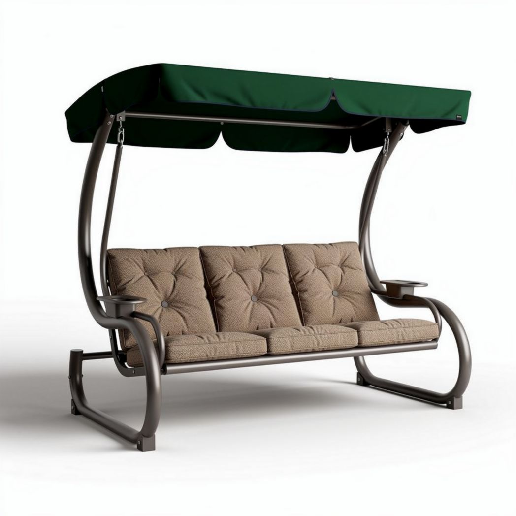 Tuin schommelbank met groene zonnescherm en bruin gestoffeerde kussens 200 x 120 x 180cm