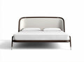 Houten bed met stof bekleed hoofdeinde en afmetingen 200 x 160 x 100cm