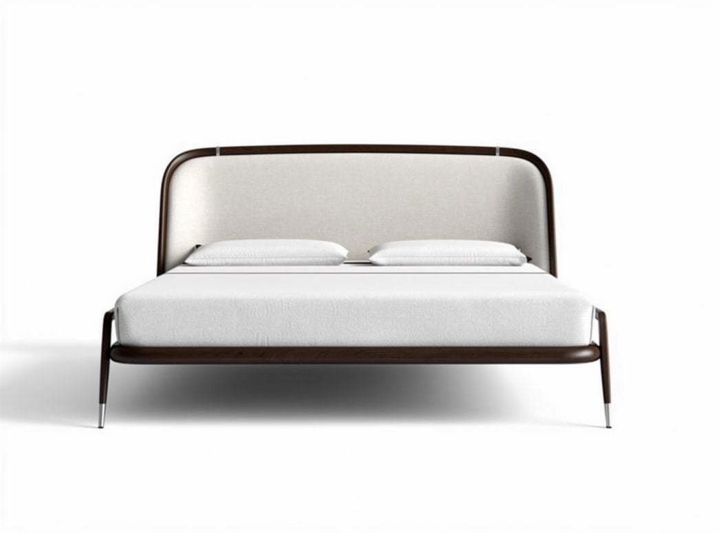 Houten bed met stof bekleed hoofdeinde en afmetingen 200 x 160 x 100cm