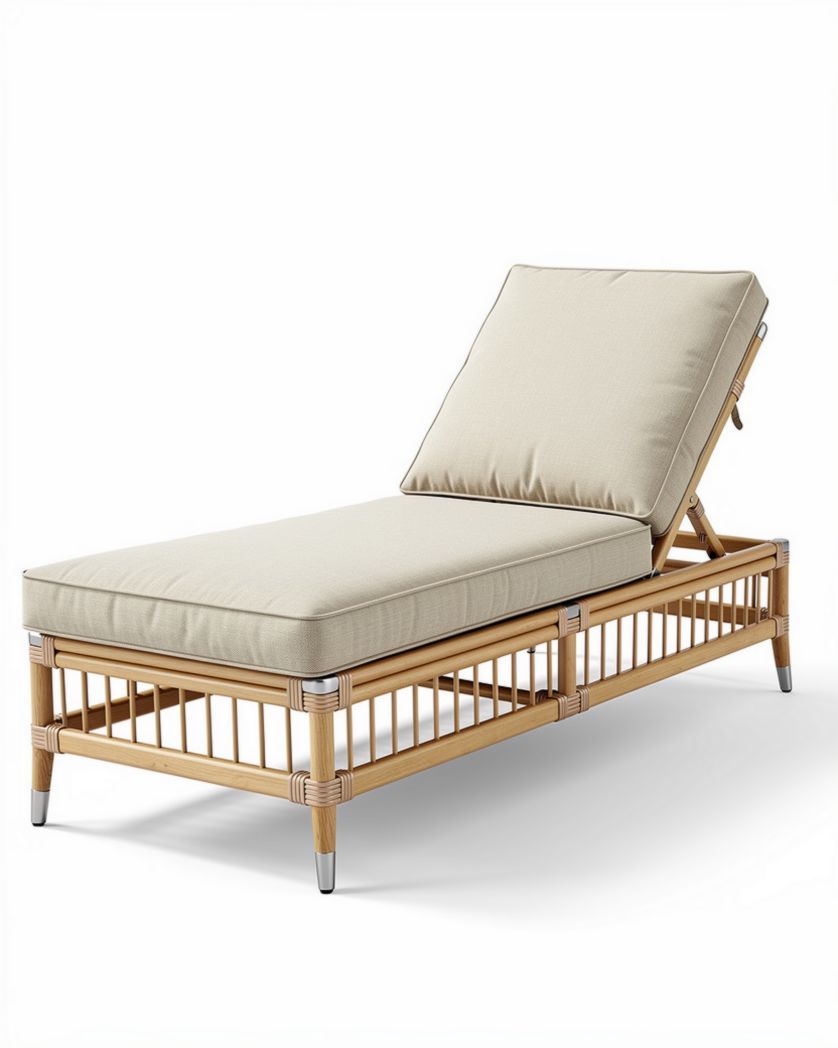 Ligstoel van rotan met neigbare rugleuning en lichtgekleurde kussens 200 x 70 x 80cm